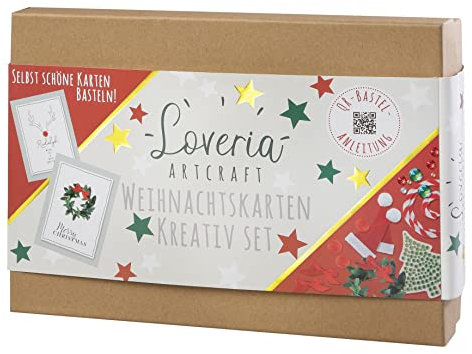 Loveria Weihnachtskarten Bastelset | 16 vorgezeichnete Postkarten, 16 rote Umschläge, inkl Satinschleife, Sticker, Pompon, Washi Tape und weiterem Bastelzubehör, Rudolph