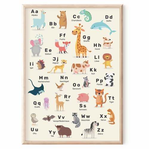 MeinBaby123® ABC Poster fürs Kinderzimmer | Alphabet Poster DIN A2 I Tier Lernposter mit Buchstaben | geeignet für Kindergarten, Vorschule, Grundschule | Wandposter Premium (Tiere Alphabet 1)