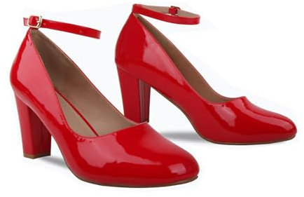 Bismaa Womens Unisex Buckle Ankle Strap Mid Block Heel Shoes Plus Size 9 10 11 12 (Red Patent, Numeric_11)