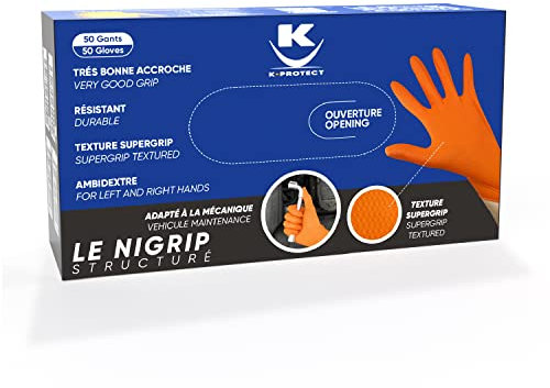 KELI FRANCE K•PROTECT - Guanti in Nitrile Arancio NIGRIP Senza Polvere, Senza Lattice, Scatola da 50 Pezzi Ultra-Resistenti, Texture SuperGrip Diamond, Spessore Rinforzato, Molteplici Usi... (XL)