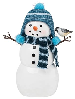 GALLERIE II Cute Snowman w/Blue Plaid Scarf & Chickadee Bird Small Winter Decorative Figurine Figure Christmas Xmas Winter Holidays Indoor Home Living ROM End Table Fireplace Mantle Decor Decoration