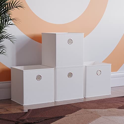 Vida Designs Durham Foldable Storage Cube Baskets Fabric Box With Metal Easy Access Handle Home Organiser (4 Pack, White)