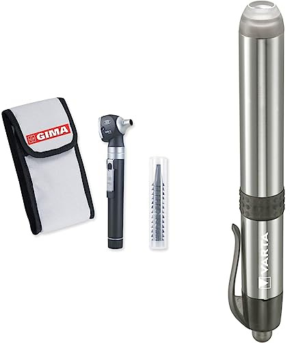 GIMA 31524 Otoskop, 2,5V, Xenon-Halogenlicht, Beutel & VARTA Diagnostikleuchte LED inkl. 1x AAA Batterie, Pen Light, Pupillenleuchte, extrem schlanke und leichte Stiftlampe, Taschenlampe, silbern