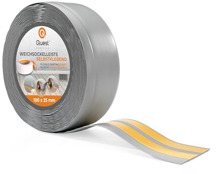 Quest Plinthe Souple Autoadhésive - 70 mm x 20 mm - Plinthe Autocollante en PVC de finition - Pour murs, sols – PVC, flexible, imperméable, décorative (Gris, 10m)