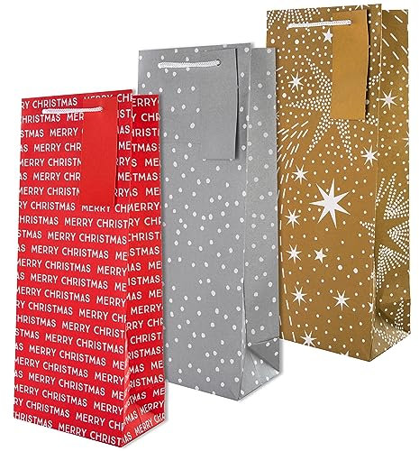 Hallmark Christmas Bottle Bags, 3 Festive Designs, Pack of 3, Red, Gold, Silver