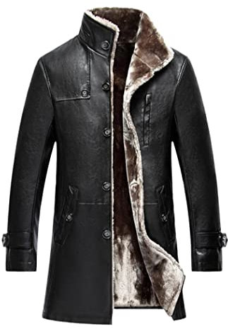 Haitpant Herren-Ledermantel, Winter-Parka, Fell, lang, Plüsch, dick, übergroß, Schaffell-Jacke, Schwarz , XL