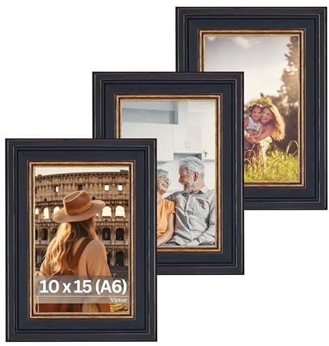 VictoR Bilderrahmen Goya in Schwarz Gold 3er Set in 10x15 cm (A6) - Leiste: 31x19mm - Fotorahmen im Vintage Stil mit bruchsicherem Acrylglas - Bilderrahmen 10x15 Schwarz