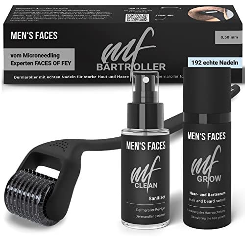 Bart Roller Set inkl. Dermaroller mit ECHTEN Nadeln für Männer - Beard Growth Booster Serum für mehr Bartwuchs & schnelleres Wachstum der Haare - Bartpflege Kit mit Bartroller für Herren Men's Faces