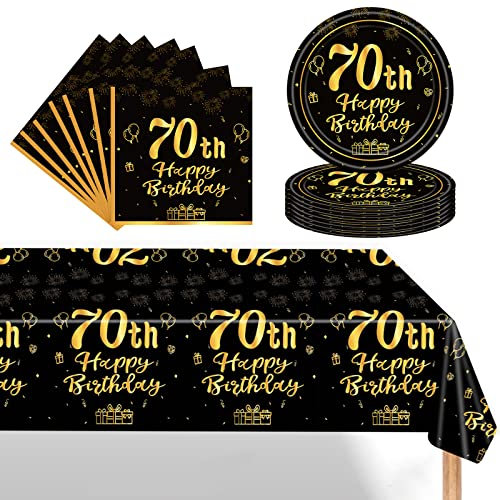 POPOYU 37Pcs Black Gold 70th Birthday Tableware Set,Happy Birthday Party Dinnerware Set,Black Gold Paper Plates 7 Inch Napkins Table Cloth for Men,Women,Him,Her 70th birthday Gifts Party Supplies