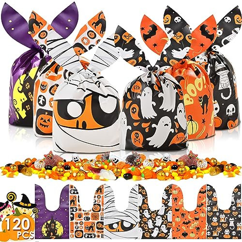 AhfuLife 120 Stück Halloween Süßigkeit Tüten, Halloween Bonbontüten Tüten mit Hasenohren Süßes oder Saures Geschenktüten für Schaurige Atmosphäre PartyDeko Zubehör