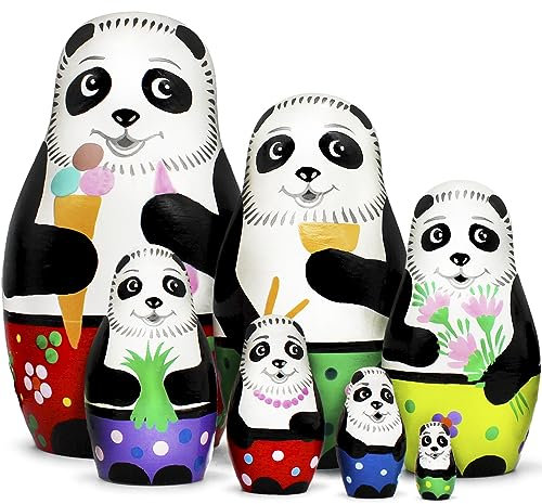 Handcrafted Panda Nesting Dolls Set 7 Piece - Hand Painted Russian Matryoshka - Animal Themed Stacking Dolls - Handmade Wooden Decorations - Mini Panda Bear Surprise Inside