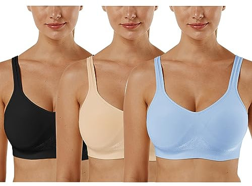 Vertvie Damen 1/2/3er Set Sport BH Einfarbig Ohne Bügel Bustier Klassische Bequem Stretch Bra Mittle Halt Gepolstert Wohlfühl-BH (Schwarz+Beige+Baby Blau, L)