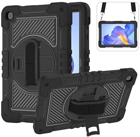 Tablet Case for Honor Pad X8 10.1 Inch Heavy Duty Rugged Case, Three-Layer Shockproof, 360 Degree Rotation Kickstand, with Hand Shoulder Strap, Full Black
