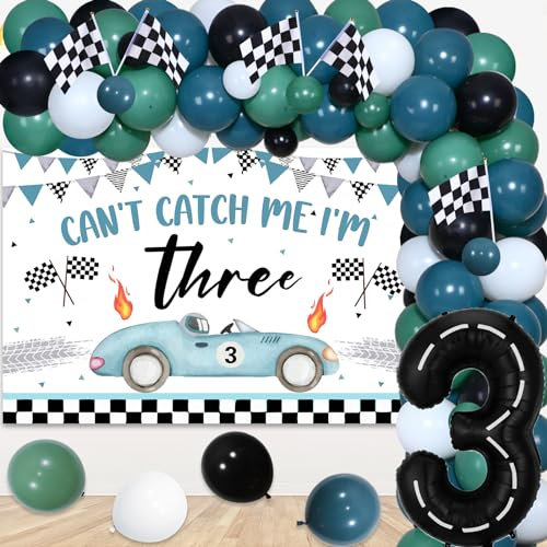 JOYMEMO Vintage Race Car 3rd Birthday Decorations Boys - Racing Car Balloons Arch Garland Kit with Can't Catch Me I'm Three Backdrop, Racetrack Number 3 Balloon, Checkered Flags for Three Fast