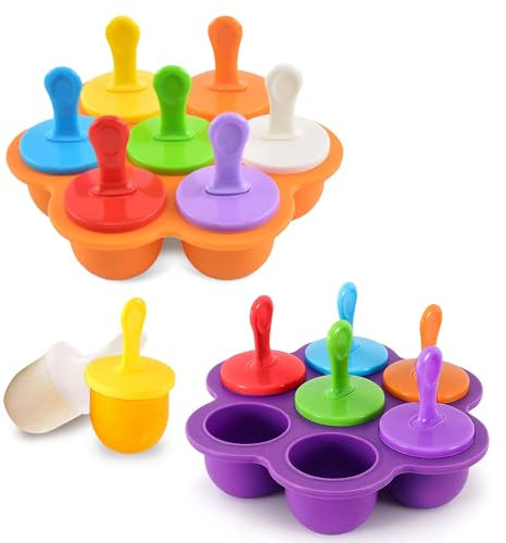 mizikuu Stampi per ghiaccio in silicone, 2 set di 7 stampi per gelato con bastoncini di plastica colorati, senza BPA, mini formine per gelato per bambini, per congelare frutta o yogurt, arancione e