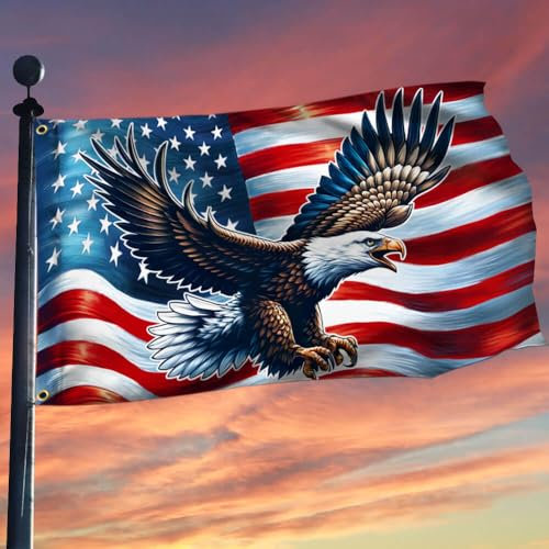 Amerikanische Flagge, patriotischer Adler, amerikanische Öse, TQN2402GF, 90 x 152 cm, mit Fahnenmast-Befestigungsringen, US-Flaggen, Premium-Polyester, dekorative Flagge für drinnen und draußen