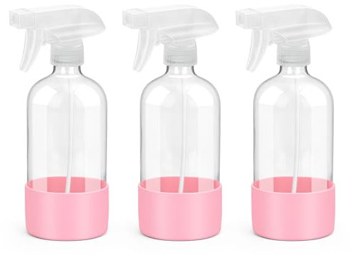 Rionisor Botellas de vidrio con protección de funda de silicona, recipientes vacíos recargables de 16 onzas, botellas de spray reutilizables con boquilla ajustable para cabello, soluciones de