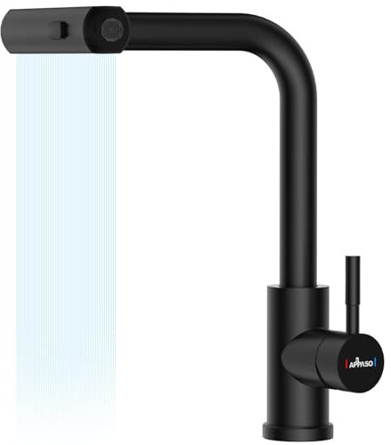 APPASO Waterfall Wasserhahn Küche Schwarz, Waterfall Hochdruck Küchenarmatur Schwarz, Küchenarmatur Ausziehbar mit 3 Strahlarten, Spültischarmatur Küche 360° Drehbar, Armatur Küche Edelstahl Schwarz