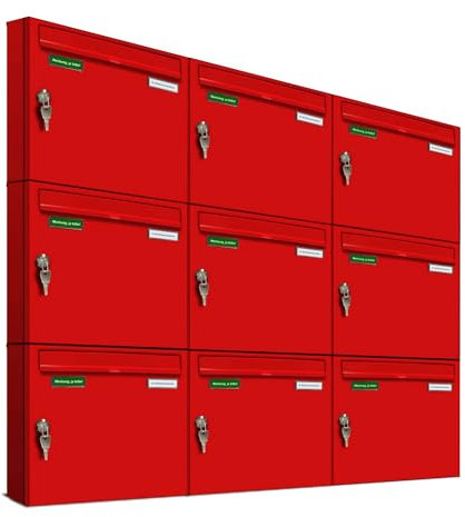 AL Briefkastensysteme Basic 9er Briefkasten RAL 3000 Feuer Rot 9 Fächer DIN A4 wetterfest Briefkastenanlage mit Posthaltebügel und 2 Namensschildern