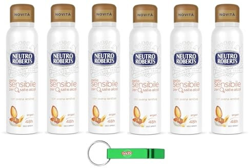 6x Neutro Roberts Deodorante Spray Avena,Deospray für Empfindliche Haut mit Hafer und Argan,Wirksam 48 Stunden Ohne Salze und Alkohol - 150ml + Beni Culinari Kostenloser Schlüsselanhänger