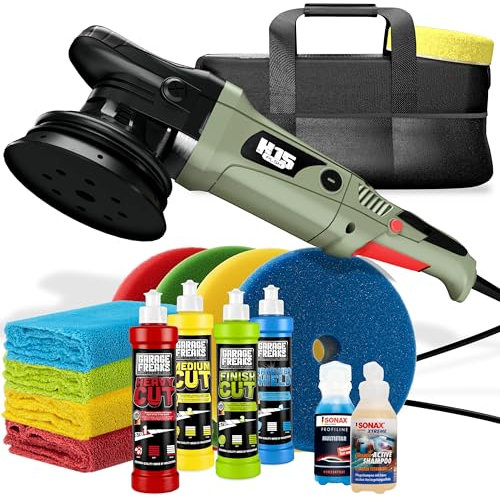 Auto Politur Set | Exzenter Poliermaschine H15 720W 15mm Hub 125mm Stützteller + 3x Autopolitur 250ml + Lackversiegelung 250ml + 4x Polierpad 150mm + 4x Poliertuch + Zubehör | Polierset