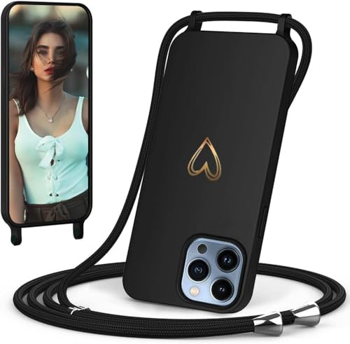 CaseLover Coque avec Cordon Compatible avec iPhone 13 Pro, Noir | Coque de Cellulaire avec Corde, Silicone Étui en Motif Coeur avec Réglable Collier, Téléphone Chaîne Lanyard Case Housse