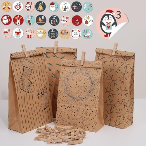 YIEUR 24 Stück Papiersäckchen für Adventskalender zum befüllen mit 24 Stück Holzklammer und 1 Sticker, Packpapier größe Säckchen bedruckt als Hochzeit Weihnachten Geschenksäckchen (braun)
