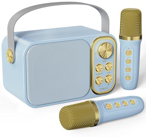 Machine de Karaoké avec 2 Micro sans Fil, Haut-Parleur Bluetooth Portable, Dispose 7 Effets Sonores, pour Fête et Voyage,Bleu
