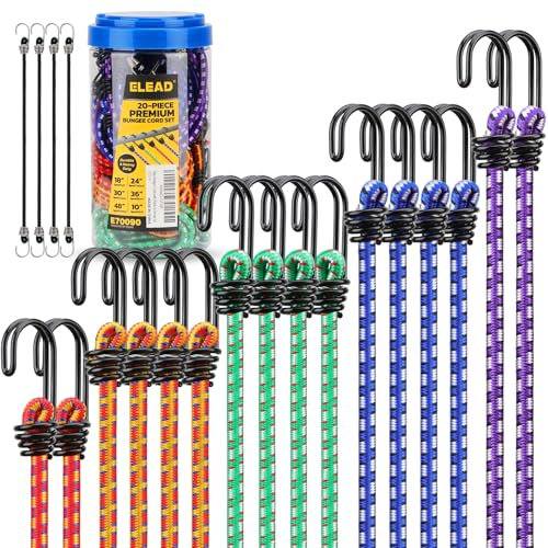 Bungee Cords Heavy Duty Outdoor: 20 Pcs Premium Rubber Bungee Cords with Hooks in a Storage Jar Includes 10, 18, 24, 30, 36, 48 Bungee Cord for Camping, Tent, Fastening Items