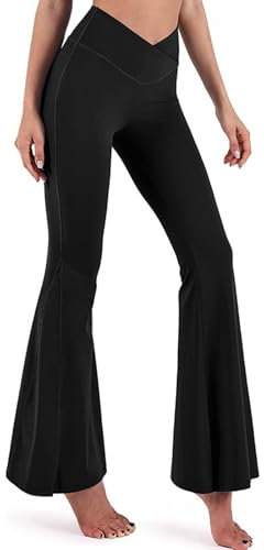 Cross Waist Flared Leggings Elasticated Waist Yoga Pants for Women Bootcut Flared Trousers for Casual Sports (UK, Alpha, M, Regular, Regular, Black)