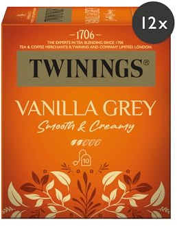 Twinings VANILLA GREY Schwarzer Tee im Teebeutel - leichte Schwarztee Mischung mit Vanille- & Bergamotte-Aromen, Rosenblüten und Lavendel, 12er Pack (je 10 Beutel)