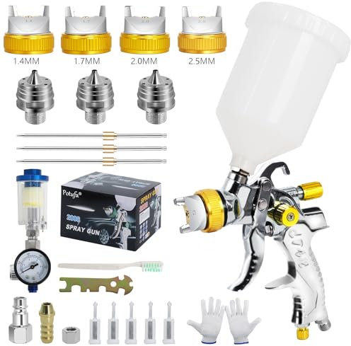 Potufa HVLP Kit pistolet à peinture professionnel avec 4 buses – 1,4 mm, 1,7 mm, 2,0 mm et 2,5 mm, pistolet à peinture professionnel à air comprimé avec gobelet en plastique de 600 ml (jaune)