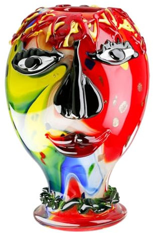 GILDE Glas Art Deko Vase - Gesichtsvase aus Glas - Kunstobjekt, Blumenvase Glasvase - Farbe: Rot/Grün Höhe 29 cm