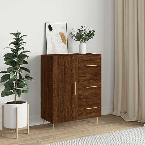 Modernes Sideboard mit 3 Schubladen & Tür für Wohnzimmer, freistehender Schrank, Aufbewahrung, kleiner Schrank, Buffetschrank, Braun Eiche (Golden)