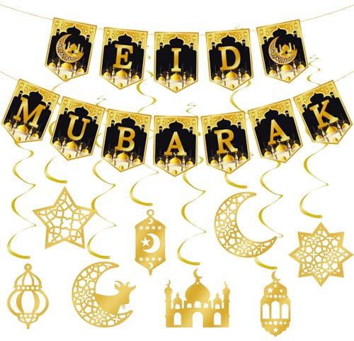 Ramadan Deko, Eid Mubarak Dekoration Eid Mubarak Banner Ramadan Girlande Gold Stern Mond Ramadan Bayram Dekoration für Ramadan Kareem Festival Party Dekoration
