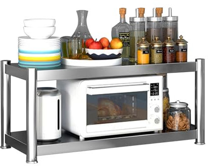 YCBTREE Estantería para microondas, estantería de cocina de 2 niveles, de acero inoxidable, multifuncional, con pies antideslizantes, 60 × 33 × 40 cm, almacenamiento de cocina para encimera de cocina