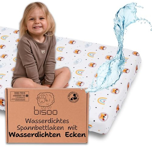 Bisoo The Magic Sheet 50x83 - Komplett wasserdichtes Spannbetttuch mit Rundumgummizug 2in1: Jersey-Baumwolle Spannbettlaken & Matratzenauflage für Beistellbett - geräuschlos, Öko-Tex, Löwen, 83x50