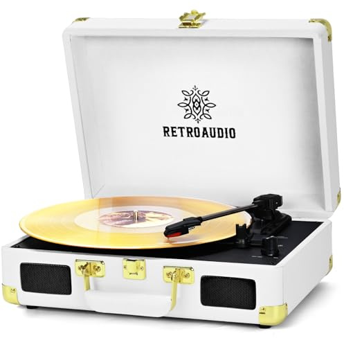 RetroAudio Portable Bluetooth Vinyl Record Player Turntable (White Gold) | 3-speed belt-driven design, built-in stereo speakers, RCA & AUX output, vintage suitcase phonograph