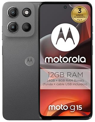 Motorola Moto g15 12GB (4GB+8GB RAM Boost)/128GB Gris, España, Pantalla de 6,72” FHD+, Sistema de cámaras de 50 MP y Objetivo Ultra Gran Angular, Batería 5200 mAh, Carga TurboPower, Cuero Vegano