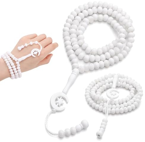 Muslimische Gebetsperlen, Tasbih, 99 Perlen, Allah & Muhammad, Weiß, 2 Stück
