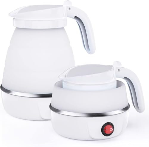 Foldable Electric Kettle for Travel, Portable Collapsible Silicone Boiler, Tea/Coffee Maker with Detachable Power Cord, Ideal for Outdoor Hiking, Caravan, and Bedroom Use(White)