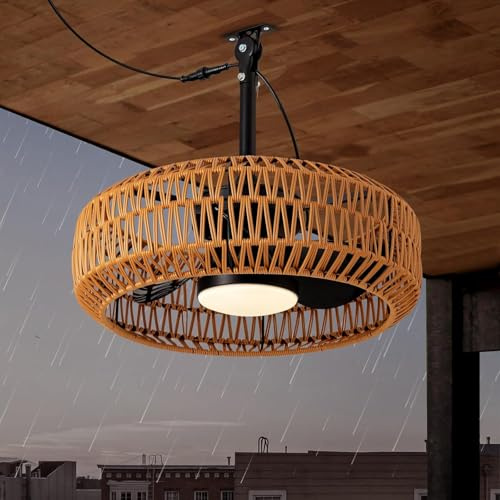 Deckenventilator mit Beleuchtung Boho Rattan Lampe mit Ventilator IP65 Wasserdicht Aussen Ventilator Dimmbar Fan Deckenleuchteund mit Fernbedienung Leise Ventilatorlicht für Schlafzimmer Balkon Außen