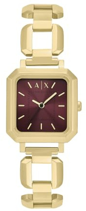 Armani Exchange Watch for Women, Quartz Three Hand Movement and 27 mm Case Size with Stainless Steel Strap, Gold Tone and red