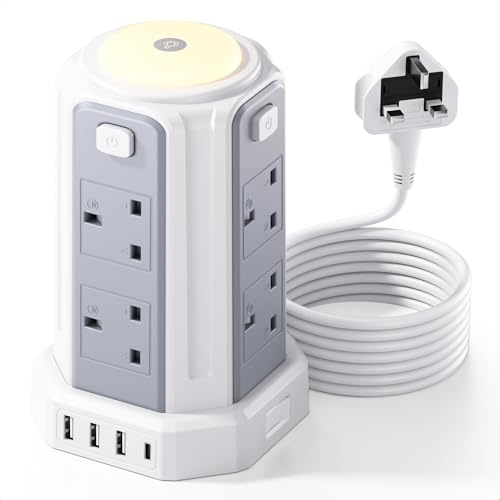 Extension Lead 5M (3250W 13A) Extension Tower with Night Light 8 AC Outlets & 4 USB Ports Surge Protection Extension Lead with 4 Independent Switch, Extension Cable 5M for Office, Home