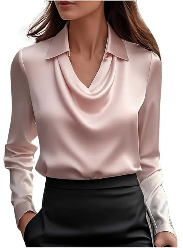 Chemisier Femme Chic Et Élégant Chemisier Satin Chemisiers Et Blouses Mode Tunique Blouse Couleur Unie Vetement Funky Haut Décontracté Tshirt Manche Longue Soldes Rose M