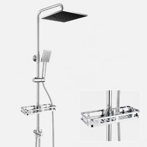 Auralum Adjustable Shower Riser Rail Kit with No Drill Shelf, 10 Large Rainfall Shower Head, Square Handheld Shower with Rotating Bracket, Chrome Shower Set (Without Mixer) Fits UK Bathrooms