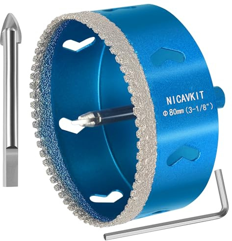 NICAVKIT 80mm Diamant Lochsäge mit 2*Zentrierbohrer, Professionellen Hartgelötet Diamant Bohrkron Fliesenbohrer für Fliesen, Porzellan, Keramik, Glas, Quarzit, Marmor