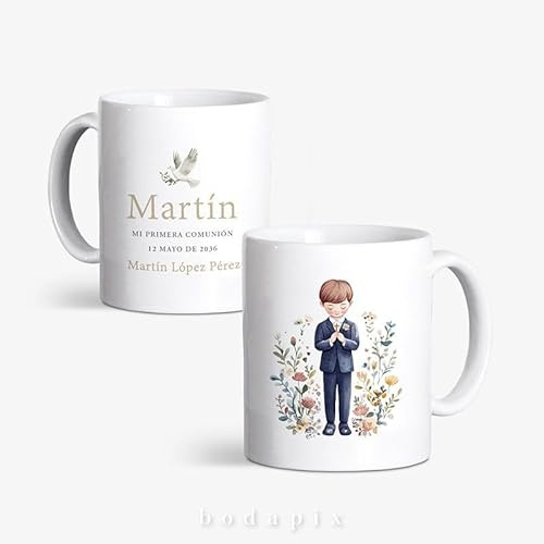 Bodapix | Tazas Personalizadas para Comunión con Nombre, Fecha y Foto | Regalo Original para Invitados | Cerámica 350 ml | Pack 10 o 15 Unidades (Fe)