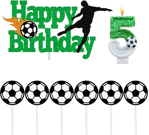 Gleevio 5 Geburtstag Tortendeko Fussball Deko Geburtstag Kinder 5 Jahre | 5 Birthday Cake Topper mit Geburtstagskerzen Zahlen 5,6 Stück Fußball Tortendeko,Kuchen Deko Fußball Geburtstagsdeko 5 Jahre