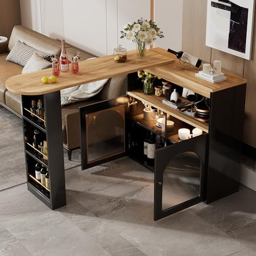 Moderna mesa de bar con tira de luz LED de 1 m de largo, mesa alta extensible, mesa giratoria con espacio de almacenamiento y frontal de cristal, mesa de bar estilo buffet con estantería de 3 niveles